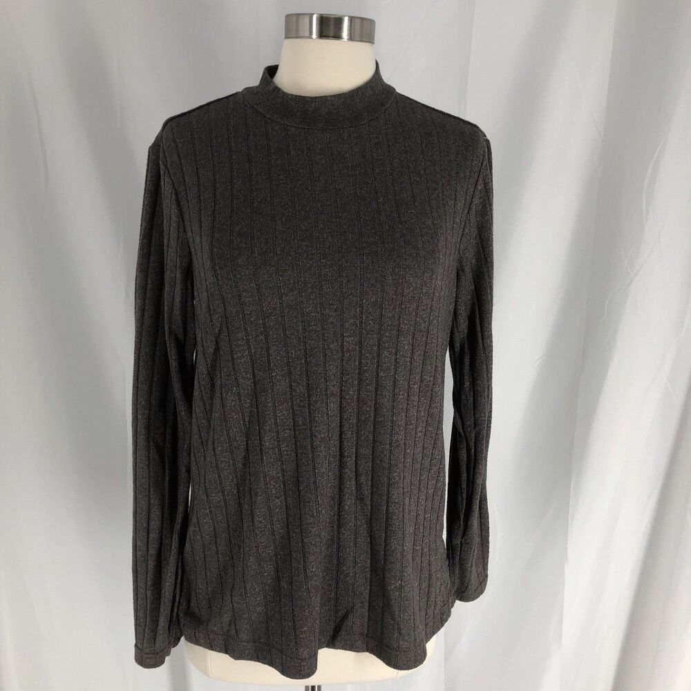 Matty M Ladies Mock Neck Long sleeve Top Gray Small Knit Soft Comfort Cozy